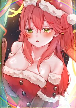  1girl absurdres ahoge alternate_costume blush breasts cleavage commentary_request dress fur-trimmed_dress fur-trimmed_headwear fur_trim green_eyes hair_ornament hat highres hololive large_breasts long_hair looking_at_viewer one_side_up open_mouth pink_hair sakura_miko santa_costume santa_dress santa_hat solo virtual_youtuber x_hair_ornament yuzuno_wagiri 
