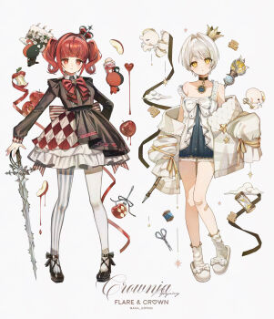  2girls absurdres animal apple arched_bangs asa_going asymmetrical_legwear bare_shoulders bitten_apple black_choker black_dress black_shoes blue_dress bow bowtie breasts character_name choker closed_mouth commentary_request copyright_name creature crown crown_(crownia) crownia cup dress flare_(crownia) flying_animal food food_bite fruit heart highres hourglass jacket jacket_partially_removed long_sleeves looking_at_viewer mini_crown mismatched_legwear multiple_girls parted_lips pointed_crown red_bow red_bowtie red_eyes red_hair shoes short_dress short_hair simple_background slippers small_breasts strap_slip striped_clothes striped_thighhighs swept_bangs sword tapir teacup thighhighs twintails vertical-striped_clothes vertical-striped_thighhighs weapon white_background white_dress white_hair white_jacket white_slippers white_thighhighs yellow_eyes 