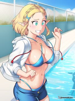 1girl bikini bikini_bottom_under_shorts bikini_under_clothes blonde_hair blue_bikini blue_eyes blue_sky blush braid breasts cleavage clenched_teeth cloud crown_braid denim denim_shorts etchimune green_eyes hair_ornament hairclip hood hooded_jacket imminent_wardrobe_malfunction jacket large_breasts navel nintendo open_clothes open_jacket open_mouth outdoors pointy_ears pool poolside princess_zelda short_hair shorts sidelocks sky solo stomach swimsuit teeth the_legend_of_zelda the_legend_of_zelda:_tears_of_the_kingdom wardrobe_malfunction water white_jacket rating:Questionable score:32 user:danbooru