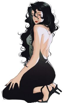  1girl backless_dress backless_outfit bare_shoulders black_dress black_hair black_nails black_shoes breasts closed_mouth commentary dress english_commentary full_body fullmetal_alchemist hair_between_eyes high_heels highres jeweldraw kneeling long_dress long_hair looking_at_viewer lust_(fma) medium_breasts nail_polish open-toe_shoes red_eyes red_lips shoes solo wavy_hair white_background 