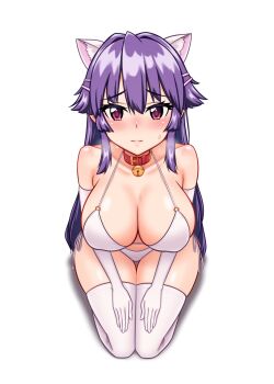  animal_ears bell bikini breasts cat_ears chizuru-chan_kaihatsu_nikki collar commentary detached_sleeves highres kin_(kin_dayo) kneeling neck_bell purple_hair shiina_chizuru sweatdrop swimsuit thighhighs white_bikini 