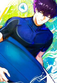  1boy blue_eyes blue_lock buoy closed_mouth commentary covered_collarbone highres karasu_tabito looking_to_the_side male_focus purple_hair rash_guard red_0217 short_hair solo speech_bubble spoken_squiggle squiggle twitter_username upper_body 