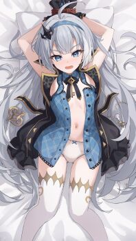  1girl absurdres arms_bound_above_head black_dress black_gloves black_ribbon blue_dress blue_eyes blush bound bound_wrists bow bow_panties breasts chess_piece coat_dress commentary dress extra_pupils fang feet_out_of_frame female_tyrant_(stella_sora) frilled_gloves frills from_above gloves grey_hair highres jewelry key key_necklace layered_dress long_hair looking_at_viewer lying navel neck_ribbon necklace on_back on_bed open_clothes open_dress open_mouth panties pillow pointy_ears ribbon ripnte sleeveless sleeveless_dress small_breasts solo stella_sora stomach thigh_gap thighhighs tyrant_(stella_sora) underwear very_long_hair white_panties white_thighhighs 