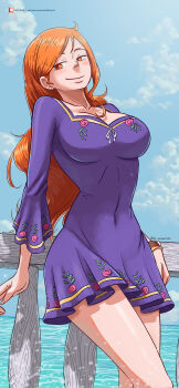 1girl a_mimishi bangle bare_legs blue_sky blush bracelet breasts closed_mouth cloud cloudy_sky collarbone commentary covered_navel dress earrings floral_print floral_print_dress highres horizon jewelry large_breasts log_pose long_hair long_sleeves looking_at_viewer nami_(one_piece) ocean official_alternate_costume one_piece orange_eyes orange_hair outdoors patreon_username print_dress purple_dress sky smile solo standing stud_earrings thighs twitter_username wavy_hair 