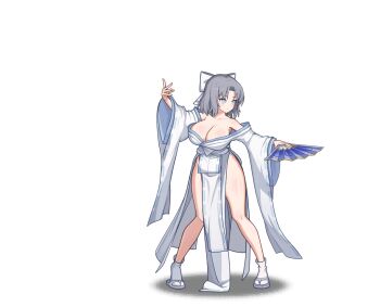 1girl :o animated animated_gif attack bare_shoulders blue_eyes blush body_blush bouncing_breasts bow breasts cleavage collarbone crossover dual_wielding folding_fan game_cg grey_hair hair_bow hand_fan holding holding_fan japanese_clothes kimono large_breasts looking_at_viewer lost_sword:_tales_of_britania low_neckline official_art paper_fan parted_bangs pelvic_curtain print_paper_fan revealing_clothes ribbon-trimmed_kimono ribbon_trim sandals senran_kagura senran_kagura_shinovi_versus shiny_skin short_hair side_slit simple_background socks solo spinning standing striped_bow tabi white_background white_bow white_kimono white_socks wide_sleeves yumi_(senran_kagura) zouri 