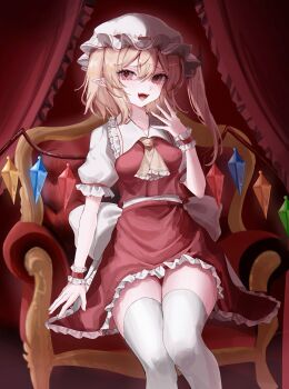  1girl ascot back_bow blonde_hair bow breasts chair collared_shirt commentary_request crystal crystal_wings flandre_scarlet frilled_shirt_collar frilled_skirt frills hat highres long_hair looking_at_viewer medium_breasts mob_cap multicolored_wings on_chair one_side_up open_mouth pointy_ears puffy_short_sleeves puffy_sleeves red_eyes red_skirt red_vest shirt short_sleeves sitting skirt skirt_set smile solo thighhighs tomura_amane touhou vest white_bow white_hat white_shirt white_thighhighs wings wrist_cuffs yellow_ascot 