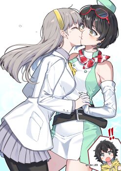  ! !! 1boy 2girls bare_shoulders black_hair breasts color-les couple digimon digimon_story:_time_stranger dress french_kiss gloves goggles goggles_on_head green_dress green_hat grey_hair grey_shirt hat highres himedanshi holding_hands interlocked_fingers jacket kiss large_breasts long_hair misono_inori misono_yuuta multiple_girls pantyhose shirt short_hair siblings simple_background tears vest white_background white_dress white_gloves white_jacket yuri yuuki_kanan 