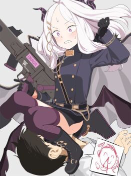  1boy 1girl bat_wings black_wings blue_archive boots demon_horns doodle_sensei_(blue_archive) gun hair_ornament hairclip highres hina_(blue_archive) horns hoshiya_takahito long_hair low_wings military military_uniform purple_eyes sensei_(blue_archive) sitting sitting_on_face sitting_on_person skirt thighhighs weapon white_hair wings  rating:Sensitive score:40 user:danbooru
