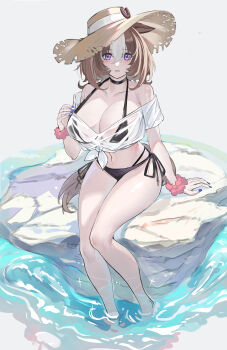  1girl absurdres arm_support bare_legs bikini bikini_under_clothes black_bikini black_choker blush breasts brown_hair choker cleavage collarbone echj grey_background hat highres large_breasts looking_at_viewer meisho_doto_(umamusume) multicolored_hair nail_polish navel no_pants off-shoulder_shirt off_shoulder parted_lips purple_hair scrunchie see-through_clothes see-through_shirt shirt side-tie_bikini_bottom simple_background sitting solo straw_hat streaked_hair swimsuit thighs tied_shirt umamusume water wrist_scrunchie  rating:Sensitive score:16 user:buster2222