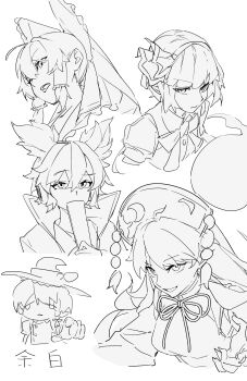  5girls absurdres bow bowtie braid closed_mouth commentary_request dalachi_(headdress) dress earmuffs frilled_bow frilled_hair_tubes frills greyscale hair_bow hair_tubes hairband hakurei_reimu hat highres hitodama junko_(touhou) kirisame_marisa konpaku_youmu konpaku_youmu_(ghost) long_hair monochrome multiple_girls neck_ribbon open_mouth pointing pointing_at_viewer pom_pom_(clothes) puffy_short_sleeves puffy_sleeves ribbon ritual_baton shirt short_sleeves side_braid single_braid smile tabard takoyaki5221 touhou toyosatomimi_no_miko translation_request vest witch_hat 