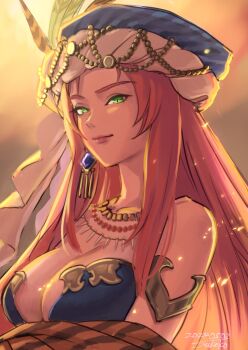  1girl armlet artist_name bare_shoulders belladonna_(seiken_densetsu_3) breasts brown_background character_request cleavage closed_mouth dated feather_hair_ornament feathers gold_trim green_eyes hair_ornament highres isabella_(seiken_densetsu_3) jewelry long_hair looking_at_viewer medium_breasts parted_bangs red_hair seiken_densetsu seiken_densetsu_3 sidelocks slit_pupils solo taruneko2006 turban upper_body 