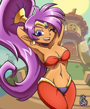  1girl armpits arms_behind_head artist_name breasts cleavage dark-skinned_female dark_skin dated highres large_breasts legs long_hair looking_at_viewer midriff o-ring one_eye_closed open_mouth pants pointy_ears ponytail purple_eyes purple_hair shantae shantae_(series) smile solo strapless teeth thighs tongue tube_top very_long_hair wink 