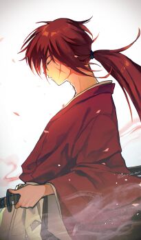  1boy absurdres brown_hair brown_robe closed_eyes closed_mouth commentary_request cross_scar facial_scar from_side highres himura_kenshin holding holding_sword holding_weapon katana long_hair long_sleeves male_focus ponytail profile robe rurouni_kenshin scabbard scar scar_on_cheek scar_on_face sheath sheathed simple_background solo srt_rice_ball sword upper_body weapon white_background wide_sleeves 