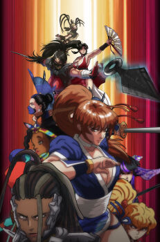  absurdres antenna_hair bandana black_hair blonde_hair bodysuit breasts brown_hair capcom cleavage crossover dark_skin dead_or_alive dougi dreadlocks fatal_fury final_fight final_fight_2 folding_fan genryuusai_maki hand_fan high_ponytail highres holding holding_sword holding_weapon ibuki_(street_fighter) kasumi_(doa) katana kimberly_jackson kitana kodachi kunai kunimitsu_ii looking_at_viewer mask master_raven midway mortal_kombat_(series) motoyui mouth_mask multiple_crossover ninja ninja_mask ponytail power_connection project_soul raydash30 red_bodysuit shiranui_mai short_sword snknamco soul_calibur street_fighter street_fighter_6 street_fighter_iii_(series) sword taki_(soulcalibur) tekken tekken_7 trait_connection very_dark_skin weapon 