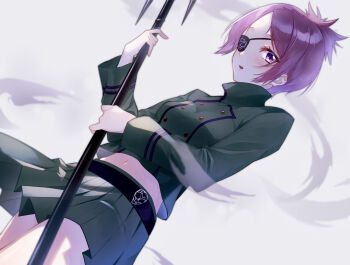  1girl absurdres belt black_belt breasts chrome_dokuro commentary eyepatch green_jacket green_skirt highres holding holding_polearm holding_weapon jacket katekyo_hitman_reborn! koyori_(kymi_ko) light_blush looking_at_viewer medium_breasts midriff miniskirt navel polearm purple_eyes purple_hair short_hair skirt skull_ornament skull_print solo trident weapon white_background 