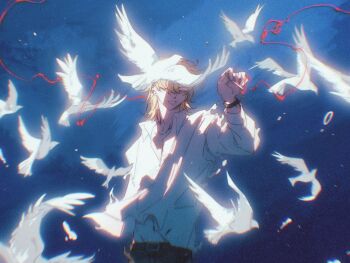  1boy abs belt belt_buckle bird black_belt black_pants blonde_hair bloom buckle chromatic_aberration cigarette closed_eyes cloud collared_shirt colored_eyelashes degrees_of_lewdity dress_shirt earrings film_grain floating_clothes floating_hair grin groin hair_over_one_eye head_tilt highres hip_bones holding holding_cigarette hoop_earrings jewelry light_particles long_sleeves male_focus midriff_peek multiple_earrings navel night one_eye_covered open_collar outdoors pants parted_bangs pigeon school_uniform shirt short_hair sidelighting smile smoke smoke_trail solo string string_of_fate stud_earrings upper_body watch white_bird white_shirt whitney_(degrees_of_lewdity) whitney_(male)_(degrees_of_lewdity) wing_collar wolf_cut wristwatch xixidong57237 