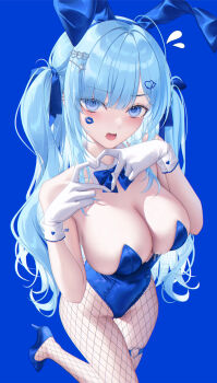  1girl animal_ears bare_shoulders blue_background blue_eyes blue_hair blue_hairband blue_leotard blue_ribbon blue_shoes blush breasts cleavage detached_collar fake_animal_ears fishnet_pantyhose fishnets from_above gloves hair_ornament hair_ribbon hairband hairclip heart heart_hair_ornament heart_hands high_heels highres large_breasts leotard looking_at_viewer looking_up mhru mole open_mouth original paid_reward_available pantyhose playboy_bunny rabbit_ears ribbon shoes simple_background solo thigh_strap thighs white_gloves 