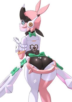  1girl absurdres armband ass bent_over blue_eyes bow cameltoe cowboy_shot frilled_armband frills from_behind gradient_eyes green_bow green_eyes hashtag-only_commentary highres hikyouart humanoid_robot knees_together_feet_apart leaning_forward looking_at_viewer looking_back mechanical_ears multicolored_eyes robot robot_ears robot_girl simple_background solo two-tone_eyes white_background yutane_johiel zenless_zone_zero 