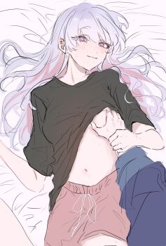  2girls absurdres black_shirt blush cho_kaguya-hime! clothes_lift commentary female_pov grabbing_another's_breast groping guided_breast_grab guiding_hand highres long_hair looking_at_viewer lying multiple_girls nishiyos on_back parted_lips pink_eyes pink_shorts pov purple_hair runami_yachiyo sakayori_iroha shirt shirt_lift shorts smile yuri 