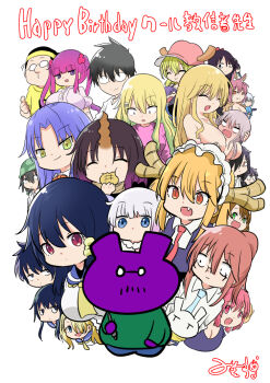  6+boys 6+girls animal_ears annotation_request ascot black_hair blonde_hair blue_ascot blue_eyes blue_hair blue_necktie bread breast_pocket breasts brown_hair character_request chichi_chichi chintauro closed_eyes closed_mouth collared_shirt commentary_request cool-kyou_shinja_(character) copyright_request creator_connection crossover danna_ga_nani_wo_itte_iru_ka_wakaranai_ken dot_mouth dragon_girl dragon_horns dress_shirt eating elma_(maidragon) fafnir_(maidragon) fang flat_chest food frau_(peach_boy_riverside) futaribocchi_no_otaku_circle_no_hime glasses gradient_hair green_eyes green_hair hair_between_eyes happy_birthday horns huge_breasts ilulu_(maidragon) kanna_kamui kimura_mitsuhiro kobayashi-san_chi_no_maidragon kobayashi_(maidragon) komori-san_wa_kotowarenai! komori_shuri large_breasts long_hair lucoa_(maidragon) magatsuchi_shouta medium_hair melon_bread multicolored_hair multiple_boys multiple_crossover multiple_girls necktie negishi_masako nishitori_megumi ootani_(komori-san) ooyama_takeko open_mouth parted_lips peach_boy_riverside pink_shirt pocket purple_hair rabbit_girl red_eyes red_hair red_necktie saikawa_riko shirt short_hair sidelocks single_horn smile takiya_makoto topless_female translation_request tsunashi_hajime tsunashi_kaoru twintails white_background white_shirt yorozu_hikaru 