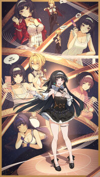  2girls absurdres alternate_costume arm_strap ass astra_yao astra_yao_(chandelier) black_dress black_hair black_pants black_shoes blonde_hair blue_hairband blue_shorts bra breasts bridal_gauntlets chest_harness closed_mouth collarbone commentary_request dress earrings elbow_gloves evelyn_chevalier fireworks footwear_ribbon gem gloves grin hair_intakes hairband half_gloves hand_on_own_chest harness headband high-waist_pants highres holding holding_quill holding_removed_eyewear jewelry large_breasts latex_pants long_hair long_ribbon looking_at_another looking_at_viewer lying multiple_girls multiple_views necklace necktie official_alternate_costume on_stomach one_eye_closed open_mouth pants pearl_(gemstone) pearl_necklace purple_eyes qi_xuan quill red_eyes red_shrug senkou_hanabi shoes shorts shrug_(clothing) single_elbow_glove single_half_glove smile sparkler spoken_squiggle sports_bra squiggle strapless strapless_dress tight_clothes tight_pants underwear uneven_bangs unworn_eyewear white_bra white_bridal_gauntlets white_dress white_hairband white_headband wristband yellow_necktie zenless_zone_zero 