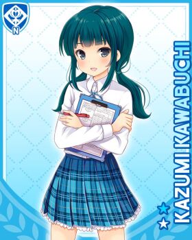 1girl :d aqua_hair bag blue_background blue_neckwear blue_ribbon blue_skirt card_(medium) character_name clipboard female_focus girlfriend_(kari) grey_eyes kawabuchi_kazumi official_art open_mouth plaid_clothes plaid_skirt qp:flapper ribbon school_uniform shirt skirt smile solo strap tagme twintails white_shirt