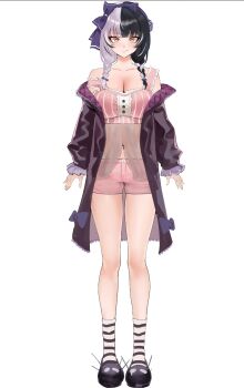  1girl :/ black_coat black_hair black_shoes bow bow_hairband braid breasts cleavage closed_mouth coat commentary crop_top design_speculation english_commentary frilled_sleeves frills full_body grey_hair hair_ribbon hairband highres hololive hololive_english large_breasts long_sleeves looking_at_viewer low_twin_braids multicolored_hair navel off_shoulder open_clothes open_coat pink_shorts purple_bow purple_hairband purple_ribbon ribbon see-through_clothes see-through_sleeves shiori_novella shoes short_shorts shorts simple_background sleepwear smug socks solo split-color_hair straight-on strap_slip striped_clothes striped_socks tachi-e twin_braids two-tone_hair vertical-striped_clothes virtual_youtuber white_background yellow_eyes yorick_(shiori_novella) yotamono 