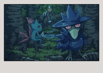  1other absurdres beak bird border bright_pupils claws crow fangs gen_2_pokemon glowing glowing_eyes grass highres houndour looking_at_viewer murkrow night nintendo onamuzi_illust outdoors pokemon pokemon_(creature) pokemon_focus red_eyes sitting sneasel talons tree white_border white_pupils 