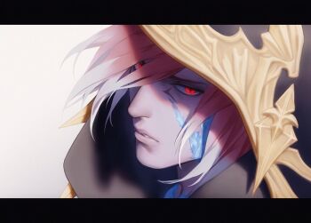  1boy black_border black_hood border crystal_exarch facial_mark final_fantasy final_fantasy_xiv g'raha_tia gold_trim hair_between_eyes hair_over_one_eye hood hood_up letterboxed looking_at_viewer male_focus miqo'te parted_lips red_eyes red_hair short_hair slit_pupils solo upper_body zhyphenth 