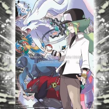  1boy aqua_eyes archeops artist_name baseball_cap black_hat black_shirt blue_eyes blue_sclera bracelet brown_pants carracosta claws closed_eyes closed_mouth colored_sclera commentary company_name copyright_name copyright_notice dragon english_commentary fangs from_side gears gen_5_pokemon green_eyes green_hair hat holding holding_poke_ball jacket jewelry klinklang legendary_pokemon long_hair long_sleeves male_focus merchandise_available n_(pokemon) necklace nintendo official_style open_mouth outline pants poke_ball poke_ball_(basic) pokemon pokemon_(creature) pokemon_bw reshiram reshiram_(overdrive) shirt smile tom_higgins vanilluxe void_cube watermark white_jacket white_outline zoroark 