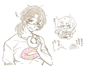 1boy 1other :3 :t absurdres ahoge alternate_costume apron beard_stubble blush brown_eyes brown_hair brown_vest chibi chibi_inset clock closed_mouth collarbone collared_shirt cropped_torso dante_(limbus_company) donut donut_print dress_shirt eating facial_hair fire food food_in_mouth food_on_face food_print formal_clothes frilled_apron frills frying_pan glasses gregor_(project_moon) greyscale hair_between_eyes hair_intakes hair_over_shoulder hand_up hands_up highres holding holding_donut holding_food holding_frying_pan holding_plate lily26983455 limbus_company lineart long_hair long_sleeves looking_at_another looking_down low_ponytail male_focus monochrome multiple_views necktie object_head open_mouth parted_bangs parted_lips partially_colored pastry plate ponytail project_moon semi-rimless_eyewear shirt short_sleeves simple_background sketch smile solo_focus spot_color stubble sweat sweatdrop sweets t-shirt under-rim_eyewear upper_body vest wavy_mouth white_background zwei_association_south_uniform