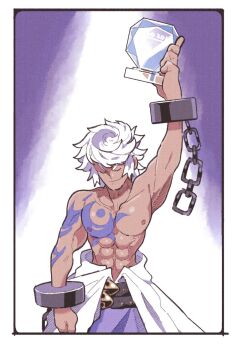  1boy 2019 abs arm_tattoo arm_up chest_tattoo closed_eyes clothes_around_waist commentary commission cuffs dark-skinned_male dark_skin english_commentary enkidu_(under_night_in-birth) evolution_championship_series highres holding holding_trophy inkerton-kun male_focus muscular muscular_male nipples pants pectorals purple_pants second-party_source shackles short_hair smile solo tattoo topless_male trophy under_night_in-birth upper_body v-shaped_eyebrows white_hair 