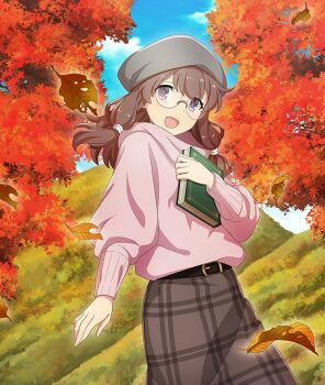  1girl :d autumn autumn_leaves baggy_clothes belt beret black_belt blue_sky book brown_hair brown_skirt cloud cowboy_shot day double-parted_bangs falling_leaves fukuda_sawano game_cg glasses grey_hat hat holding holding_book leaf long_hair long_sleeves looking_at_viewer low-tied_long_hair mountain official_art open_mouth pink_sweater plaid_clothes plaid_skirt purple_eyes skirt sky smile solo sweater third-party_source toji_no_miko toji_no_miko:_kizamishi_issen_no_tomoshibi tree 