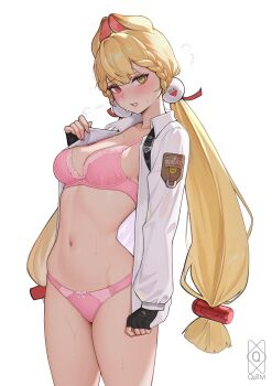  1girl absurdres alice_thymefield animal_ears black_gloves blonde_hair blush bra breasts cleavage fingerless_gloves gloves hair_ornament heterochromia highres long_hair long_sleeves looking_at_viewer low_twintails open_clothes open_shirt panties pink_bra pink_panties quilm rabbit_ears rabbit_girl red_eyes shirt simple_background solo sphere_hair_ornament standing sweatdrop twintails underwear very_long_hair white_background white_shirt yellow_eyes zenless_zone_zero  rating:Sensitive score:74 user:danbooru