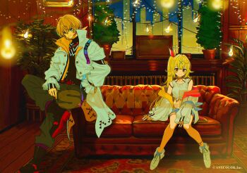 1boy 1girl blonde_hair christmas_lights couch fura_kanato hand_in_pocket hasu hoshikawa_sara indoors jacket night nijisanji plant potted_plant side_ponytail sitting virtual_youtuber