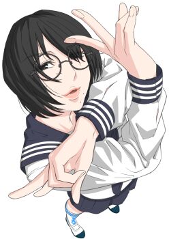  1girl absurdres atarashii_gakkou_no_leaders black_eyes black_hair clothes_writing commentary english_commentary eyes_visible_through_hair foreshortening glasses highres long_sleeves mixed-language_commentary mole mole_on_cheek mole_under_mouth multiple_moles pleated_skirt real_life round_eyewear school_uniform serafuku shinku_p short_hair skirt solo suzuka_(atarashii_gakkou_no_leaders) v white_background 