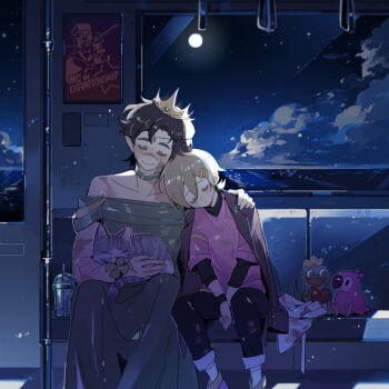  2boys alternate_costume animal animification bishounen black_pants borrowed_clothes brown_coat brown_hair cat chicken_(minecraft) choker closed_eyes clover coat commentary couple crossdressing crossdressing_(mtf) crown dress drink feet_out_of_frame flipped_hair four-leaf_clover full_moon goodtimeswithscar green_choker green_dress green_geckos_(mc_championship) grey_cat grian_(youtuber) hair_between_eyes hair_ornament hairclip hand_on_another's_shoulder head_on_another's_shoulder hermitcraft holding holding_animal holding_cat indoors jellie_(hermitcraft) layered_sleeves long_sleeves luminous_slime male_focus mc_championship minecraft minecraft_youtube moon multiple_boys night off-shoulder_dress off_shoulder official_alternate_costume open_clothes open_coat pants parallel_hairclips pink_parrots_(mc_championship) pink_shirt pointy_ears poster_(object) scar scar_on_face scar_on_nose shirt short_hair sleeping slime_(substance) smile tabby_cat window yaoi zombie_(minecraft) 