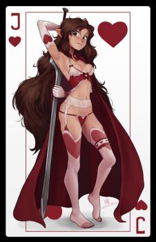 1girl armpits blush breasts camisole card card_(medium) dark-skinned_female dark_skin elbow_gloves elf freckles from_side full_body gloves greatsword green_eyes gwenyvere_(malberrybush) highres holding holding_behind_back holding_weapon_behind_back jack_(playing_card) jack_of_hearts lingerie lips long_hair looking_at_viewer malberrybush medium_breasts navel open_mouth original panties playing_card playing_card_(medium) pointy_ears red_camisole red_panties shadow signature smile solo stomach sword tiptoes toes underwear underwear_only weapon 