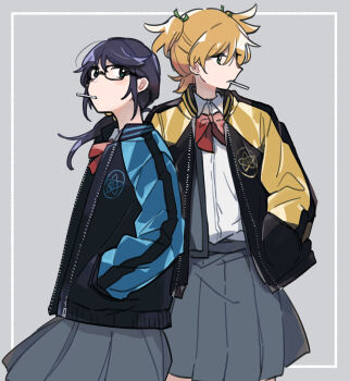  2girls absurdres alternate_hair_color black_hair black_jacket blonde_hair blue_jacket bow bowtie cetacea_kw closed_mouth collared_shirt commentary_request cowboy_shot daiba_nana flipped_bangs full-length_zipper green_ribbon grey_background grey_jacket grey_skirt hair_between_eyes hair_ribbon hand_in_pocket highres hoshimi_junna inset_border jacket logo lollipop_in_mouth long_hair looking_back looking_to_the_side low_side_ponytail multicolored_jacket multiple_girls open_clothes open_jacket outside_border pleated_skirt print_jacket red_bow red_bowtie ribbon school_uniform seishou_music_academy_uniform shirt shirt_tucked_in short_hair shoujo_kageki_revue_starlight sideways_glance skirt standing two-tone_jacket two_side_up white_shirt yellow_jacket zipper 