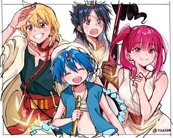  1girl 3boys aladdin_(magi) alibaba_saluja blonde_hair blue_hair blush brown_eyes closed_eyes collarbone ear_piercing earrings facing_viewer flute happy highres holding holding_flute holding_instrument instrument jewelry judal magi_the_labyrinth_of_magic morgiana multiple_boys necklace open_mouth piercing pink_hair short_hair simple_background smile twitter_username white_background xaai1214 