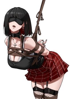  1girl absurdres arms_behind_back bare_shoulders bdsm black_hair black_thighhighs blindfold bondage bound bound_legs breast_bondage breasts cleavage collar collarbone garter_straps harris_hero highres large_breasts medium_breasts open_mouth original plaid_clothes plaid_skirt pleated_skirt restrained shibari shibari_over_clothes skindentation skirt solo standing sweatdrop teeth thighhighs white_background zettai_ryouiki 