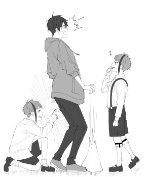  3boys aged_down bag child commentary_request floyd_leech full_body greyscale highres jacket jade_leech kanchou looking_at_another male_focus monochrome multiple_boys on_one_knee prank sharp_teeth shirt_tug short_hair shorts siblings simple_background squatting ss023xx standing surprised suspenders teeth twins twisted_wonderland white_background yuu_(twisted_wonderland) 