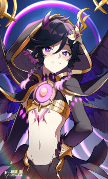  1boy absurdres alternate_color alternate_eye_color alternate_hair_color black_hair black_hood black_shirt black_shorts black_sleeves braid chest_tattoo closed_mouth commentary corruption crop_top dark_persona demon_horns english_commentary flower genshin_impact gold_trim gradient_hair hair_flower hair_ornament highres hood hood_up horns lkari_shi male_focus midriff multicolored_hair navel official_alternate_costume pink_hair pointy_ears purple_eyes shirt shorts solo stomach tattoo twin_braids venti_(archon)_(genshin_impact) venti_(genshin_impact) 