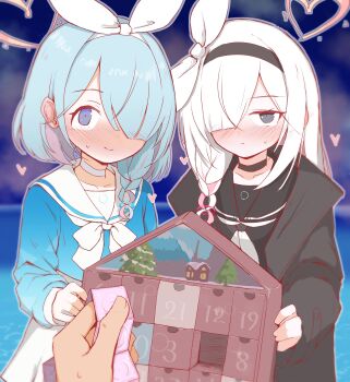  2girls absurdres arona_(blue_archive) black_choker black_coat black_eyes black_hairband black_sailor_collar black_shirt blue_archive blue_eyes blue_hair blue_shirt blush bow bow_hairband braid choker closed_mouth coat collarbone colored_inner_hair commentary condom condom_packet_strip condom_wrapper embarrassed hair_bow hair_over_one_eye hairband halo heart heart_halo highres holding long_bangs long_sleeves looking_at_viewer multicolored_hair multiple_girls neckerchief niss_oekaki one_eye_covered pink_hair plana_(blue_archive) pov puffy_long_sleeves puffy_sleeves red_halo sailor_collar sailor_shirt school_uniform serafuku shirt side_braid single_braid skirt smile two-tone_hair white_bow white_choker white_hair white_hairband white_neckerchief white_sailor_collar white_skirt 