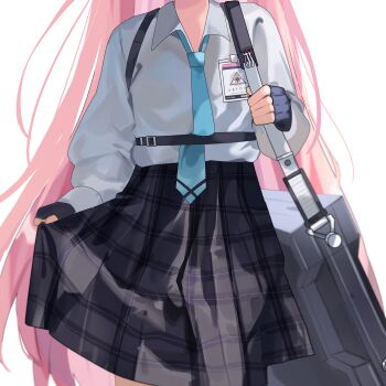  1girl abydos_high_school_logo ballistic_shield black_gloves black_skirt blue_archive blue_necktie chest_harness collared_shirt commentary cowboy_shot english_commentary fingerless_gloves gloves harness head_out_of_frame highres hoshino_(blue_archive) id_card long_hair long_sleeves necktie pink_hair plaid_clothes plaid_skirt pleated_skirt runbell school_uniform shield shirt shoulder_strap simple_background skirt skirt_hold solo straight-on very_long_hair white_background white_shirt 