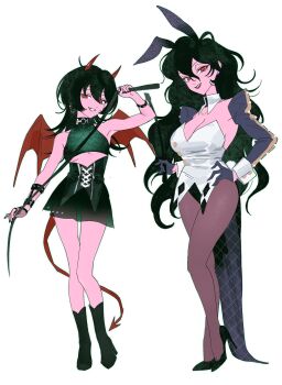  2girls animal_ears arm_cuffs arm_up black_boots black_gloves black_pantyhose black_shoes boots breasts commentary contrapposto crop_top daodaobiubiu demon_horns demon_tail demon_wings detached_collar detached_sleeves ensemble_stars! evil_telephone_(ensemble_stars!) fang full_body genderswap genderswap_(mtf) gloves hair_between_eyes hand_on_own_hip high_heels highres holding holding_whip horns juliet_sleeves large_breasts long_hair long_sleeves looking_at_viewer medium_hair multiple_girls pantyhose partially_fingerless_gloves playboy_bunny puffy_sleeves rabbit_ears rabbit_tail red_eyes sakuma_rei_(ensemble_stars!) sakuma_ritsu see-through_clothes see-through_skirt shoes skirt small_breasts spiked_wristband super_lucky_scramble_(ensemble_stars!) symbol-only_commentary tail tailcoat_playboy_bunny underboob wavy_hair wings 