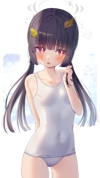  1girl alternate_color_school_swimsuit alternate_costume black_hair blue_archive blush breasts collarbone commentary_request covered_navel cowboy_shot flying_sweatdrops grey_halo halo highres leaf leaf_on_head long_hair looking_at_viewer lulinco miyu_(blue_archive) old_school_swimsuit one-piece_swimsuit open_mouth red_eyes school_swimsuit signature small_breasts solo speech_bubble spoken_blush swimsuit twintails white_one-piece_swimsuit 