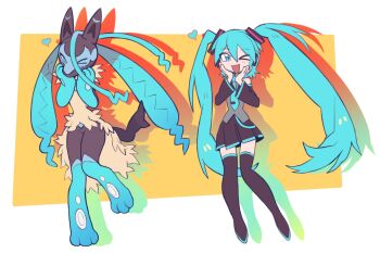  >_o 1girl 1other aqua_hair color_connection crossover detached_sleeves furry gen_4_pokemon hairstyle_connection hands_on_own_face hatsune_miku highres knees_together_feet_apart knifedragon looking_at_viewer lucario mega_lucario_z mega_pokemon multicolored_fur necktie nintendo one_eye_closed open_mouth pokemon pokemon_(creature) thighhighs twintails vocaloid 