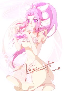  1girl absurdres black_eyes black_hair breasts commentary_request cowboy_shot dress hair_between_eyes hair_ribbon hands_up heart heart-shaped_pupils highres kolimiya long_hair looking_down magic_circle medium_breasts open_mouth original ponytail ribbon signature solo symbol-shaped_pupils white_ribbon winged_heart yellow_dress 