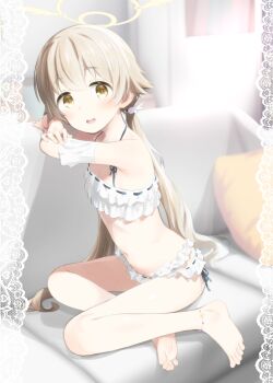 1girl barefoot bikini blonde_hair blue_archive blush brown_eyes commentary_request couch flat_chest frilled_bikini frills full_body halo hifumi_(blue_archive) hifumi_(swimsuit)_(blue_archive) highres kokekokko_coma long_hair looking_at_viewer official_alternate_costume sitting smile solo swimsuit twintails very_long_hair white_bikini rating:Sensitive score:40 user:danbooru